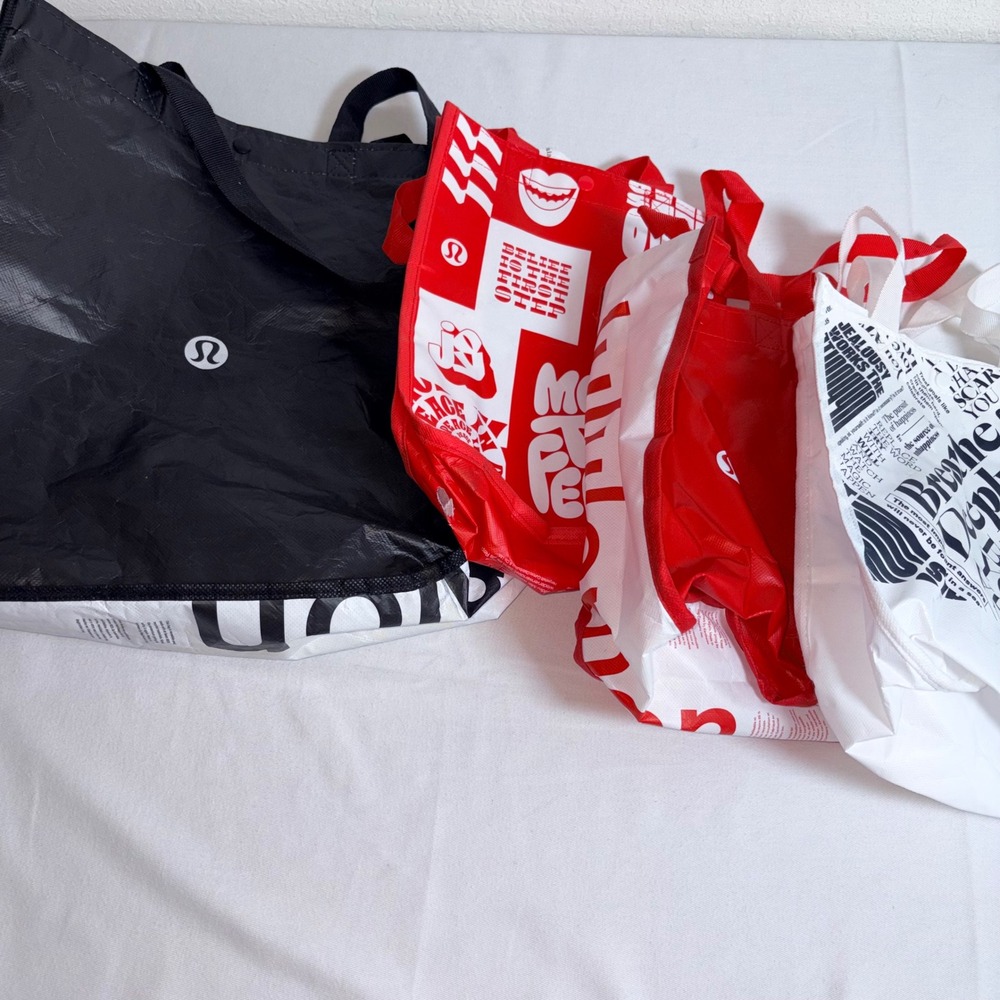 Lululemon Reusable Tote Bag Bundle 4 Red White Black Excellent Graphic Print